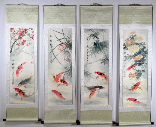 4 Rollbilder – Aquarelle von Wen Yun Reichtum Fische - Wenyun003