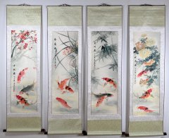 4 Rollbilder – Aquarelle von Wen Yun Reichtum Fische