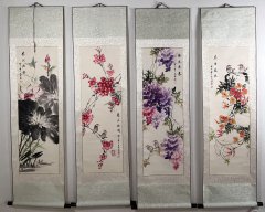 4 Rollbilder – Aquarelle von Wen Yun Blumen und Vögel - Wenyun004